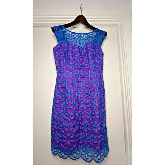 Size 6 Lilly Pulitzer Selna Royce Blue Pink Daisy Floral Eyelet Cocktail Dress - Picture 2 of 7
